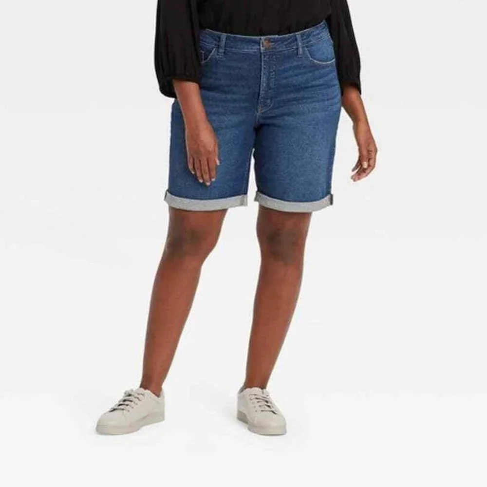 Womens Plus Roll Cuff Bermuda Jean Shorts Ava & Viv Dark Wash 24W High Rise Long - Picture 1 of 9